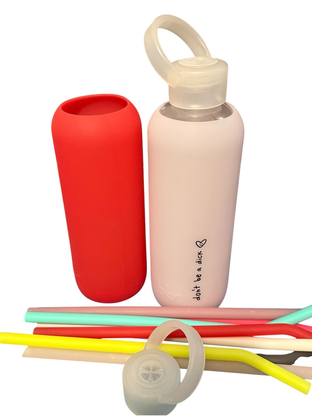 bkr demi (22oz) glass water bottle with two silicone sleeves.